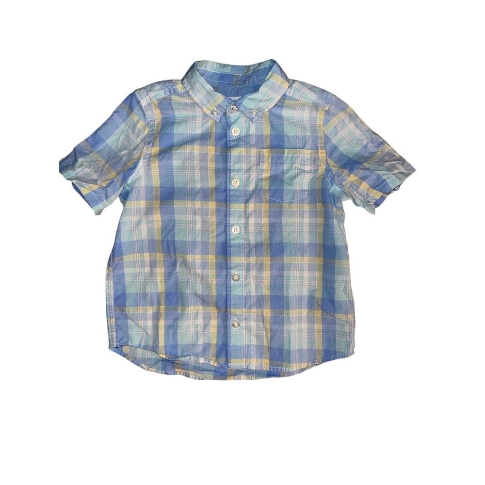 Amazon Essentials Boys Blue Yellow Green Plaid Short Sleeve Dress Shirt Size: 4T